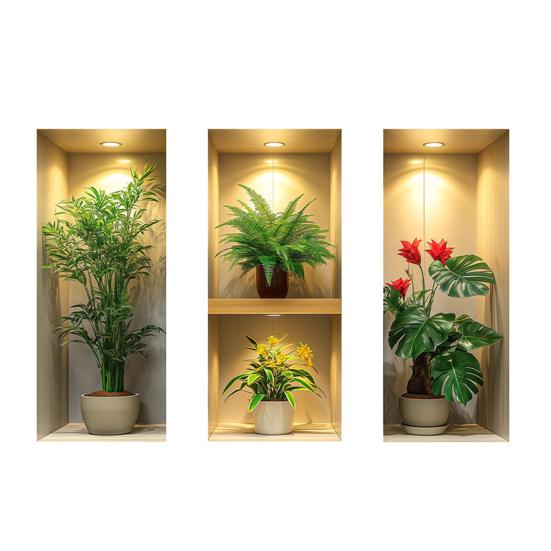 3Pcs 3D Flower Wall Stickers, Realistic Flowers Vase Wall Decals, Waterproof Self-Adhesive Potted Plants Stickers, Greenery Wall Stickers for Living