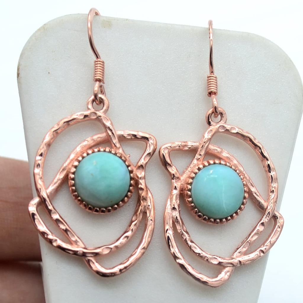 Round Shaped Natural Larimar (5.04 Cts) Solid 925 Sterling Silver Gemstone Dangling Earrings Jewelry For Women or Girls