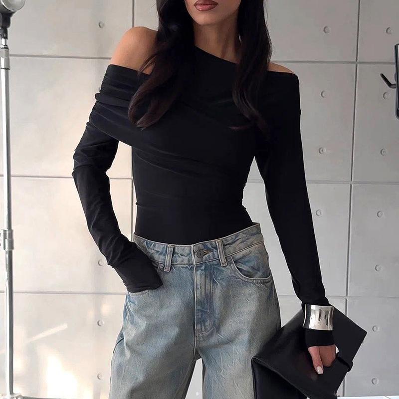 European and American 2025 Women Clothes Spring New Fashion Sexy Solid Long Sleeve off-the-Shoulder Double-Layer Chest Film T-shirt Top Women