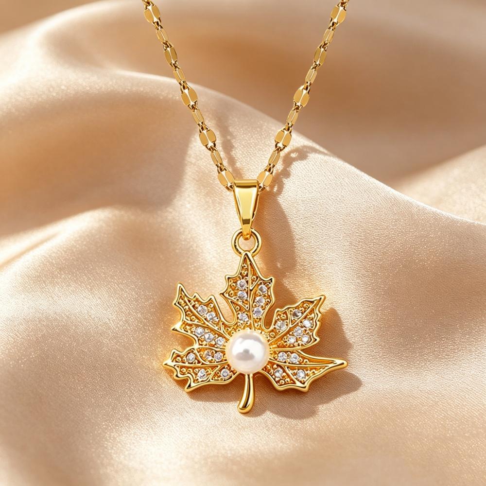 Elegant Charm Female Small White Zircon Stone Leaf Pearl Pendant Necklace Gold Color Wedding Jewelry For Women