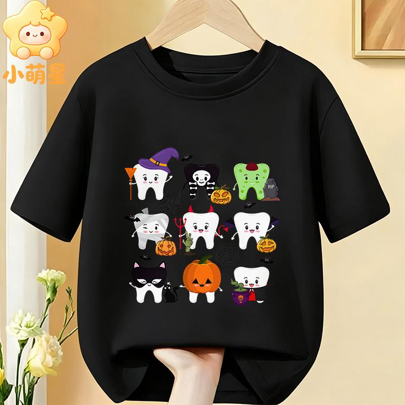 Cotton Kids Halloween T‑Shirt Adorable Ghost Riding Bike Flower Basket Bat Star Holiday Print Short Sleeve O‑Neck Children Tees