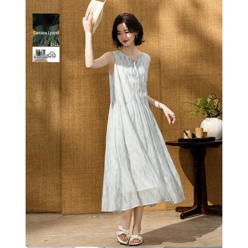 Demana Lyocell Blend Resort Sleeveless Tie-Waist A-Line Dress L