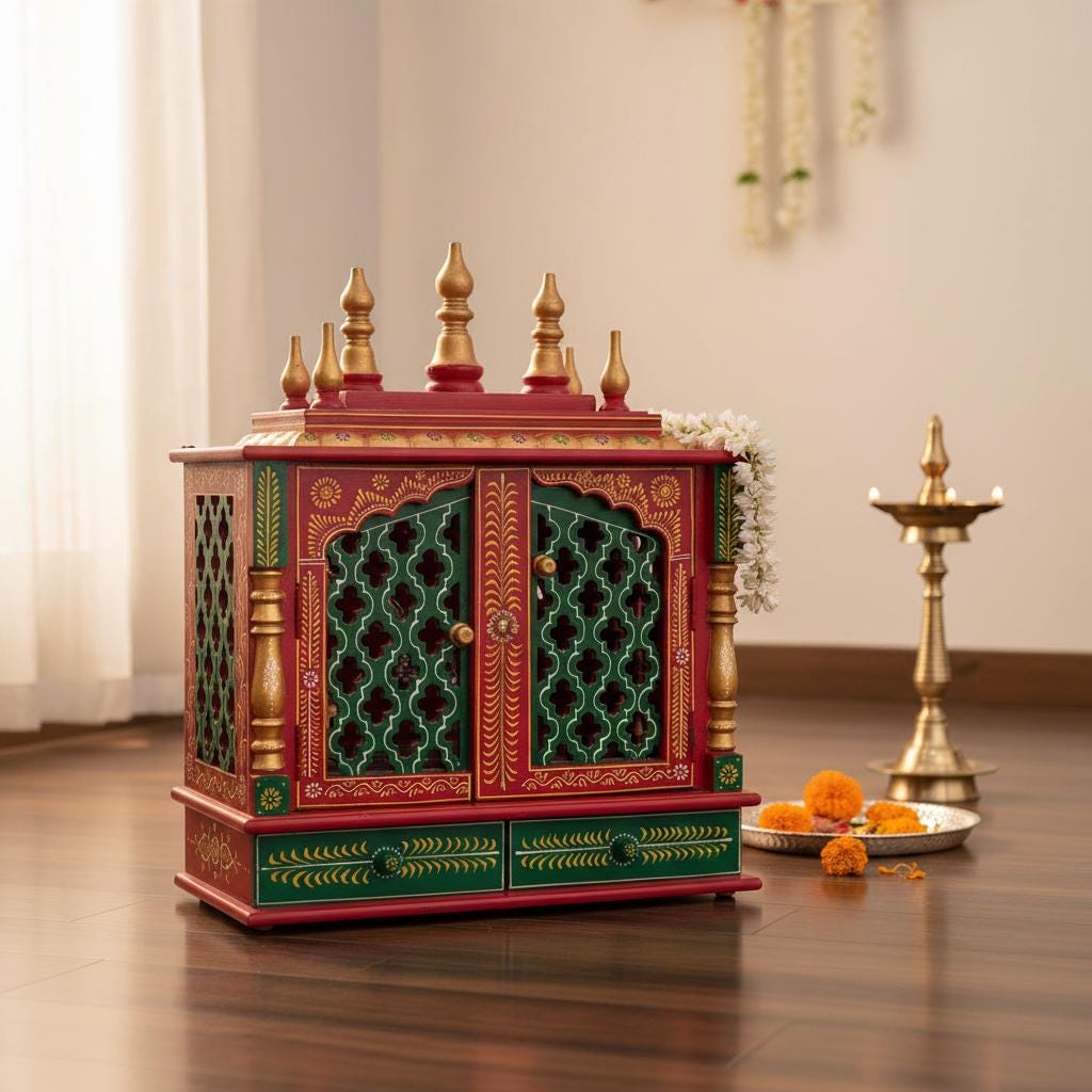 Hand-Painted Wooden Temple for Home | Traditional Rajasthani Pooja Mandir with Drawers | Red & Green Meenakari Design Home Mandir