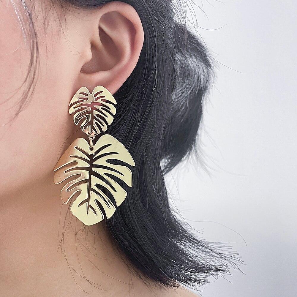 Bohemian Hollow Exaggerated Leaf Dangle Drop Earring For Women Lady Geometric Gold-color Tropical Plant Female Jewelry New Gifts