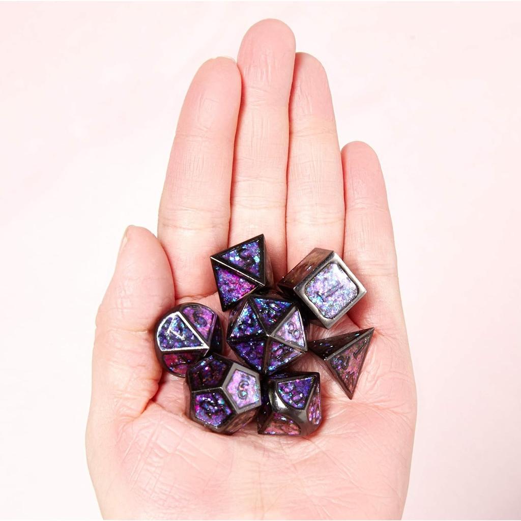 DND Polyhedral Metal Game Dice Glitter with Numbers 7pcs Set for Dungeons and Dragons RPG MTG Table Games D&D Pathfinder Shadowrun and Math Teaching