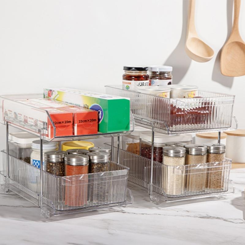 Platzsparende Acryl-Unterspülbecken-Regale Ausziehbare Klare Aufbewahrungsboxen Mit Trennwänden Badezimmer-Aufbewahrungsregal