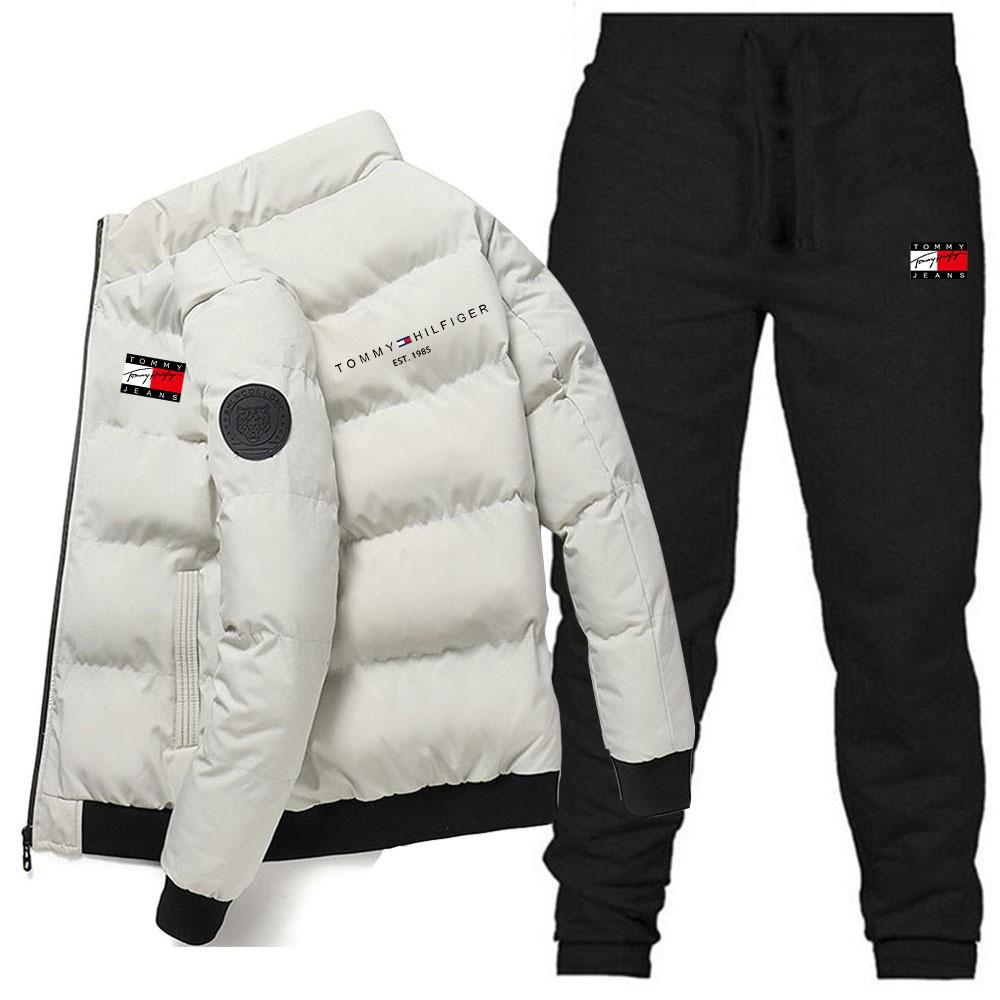 Warme Herren Winter Baumwoll-Jacke und Hose Set mit Stehkragen, bedruckt