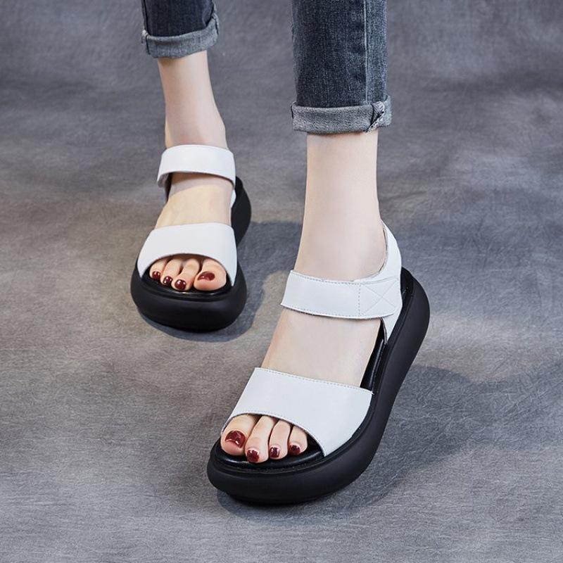Real soft leather platform sandals women's 2025 summer new versatile Velcro wedge heel retro muffin Roman shoes