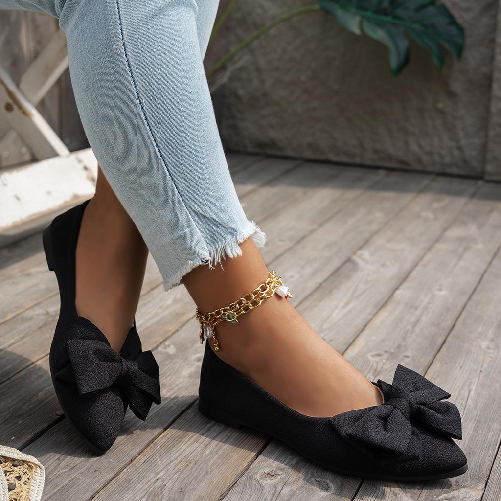 Pointed-toe Flat Single Shoes for Women, Bean Shoes with Bows, Casual Single Shoes for Women