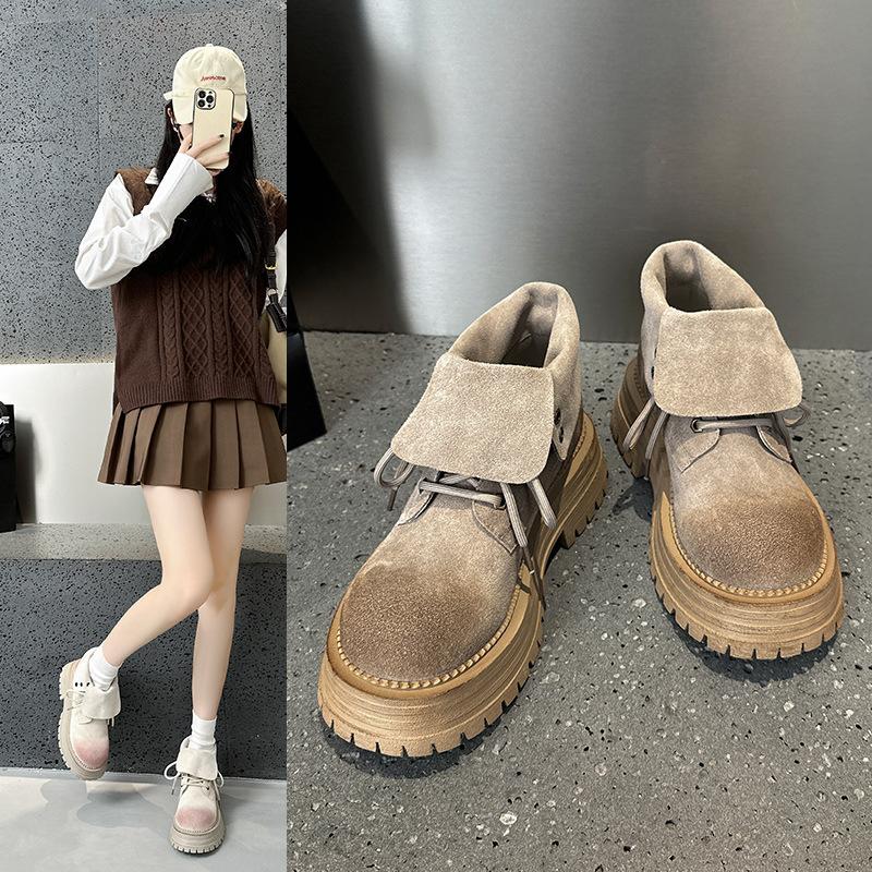 Real Leather Retro Short Boots for Women in Autumn and Winter  New Yellow Single Boots Two on Short Boots