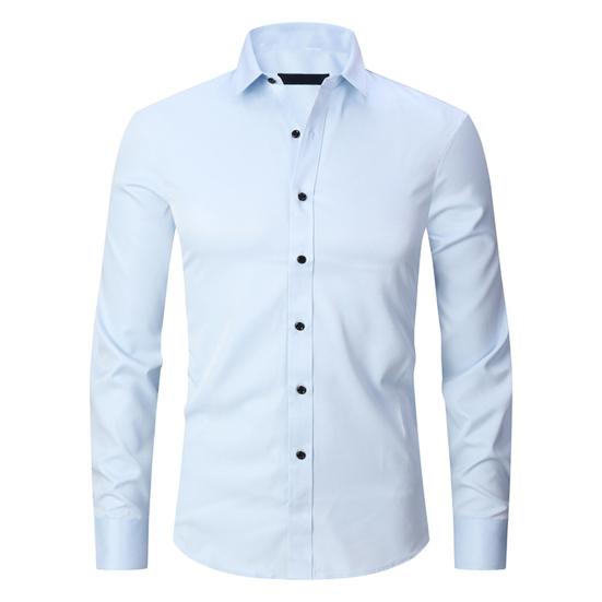 Men Shirt Single Breasted Long Sleeve Lapel Solid Color Slim Fit Dress-up Cardigan Plus Size Anti-wrinkle Spring Shirt for Work