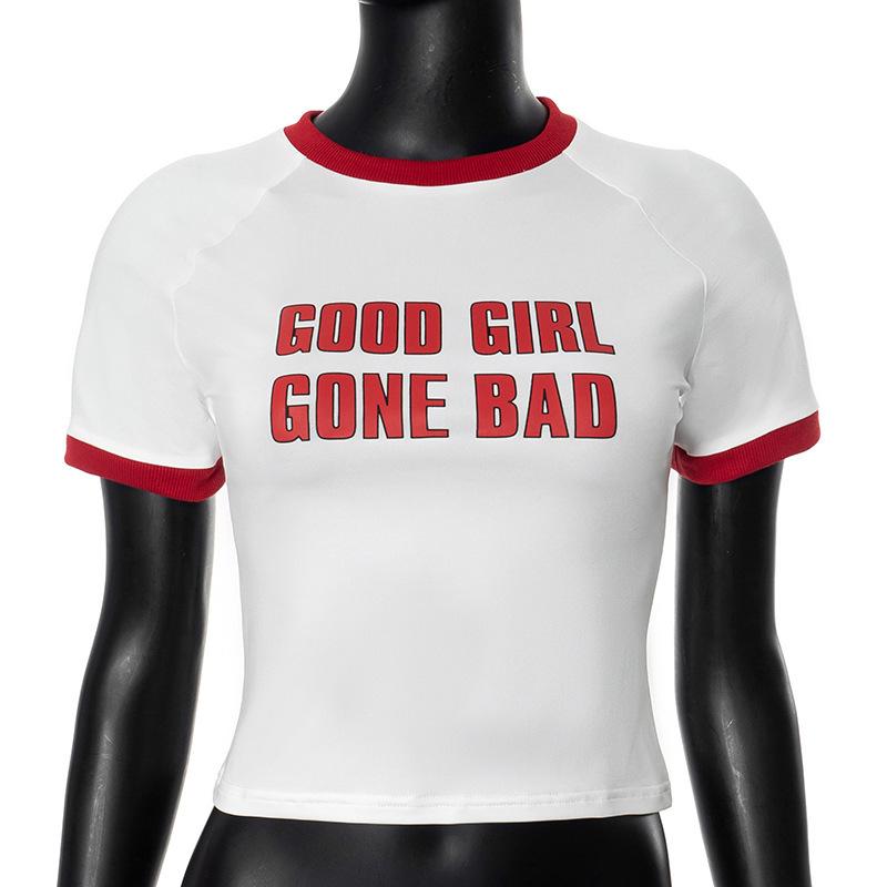 

Европейский и американский летний круглый вырез с принтом букв и открытым пупком сексуальный топ S красный