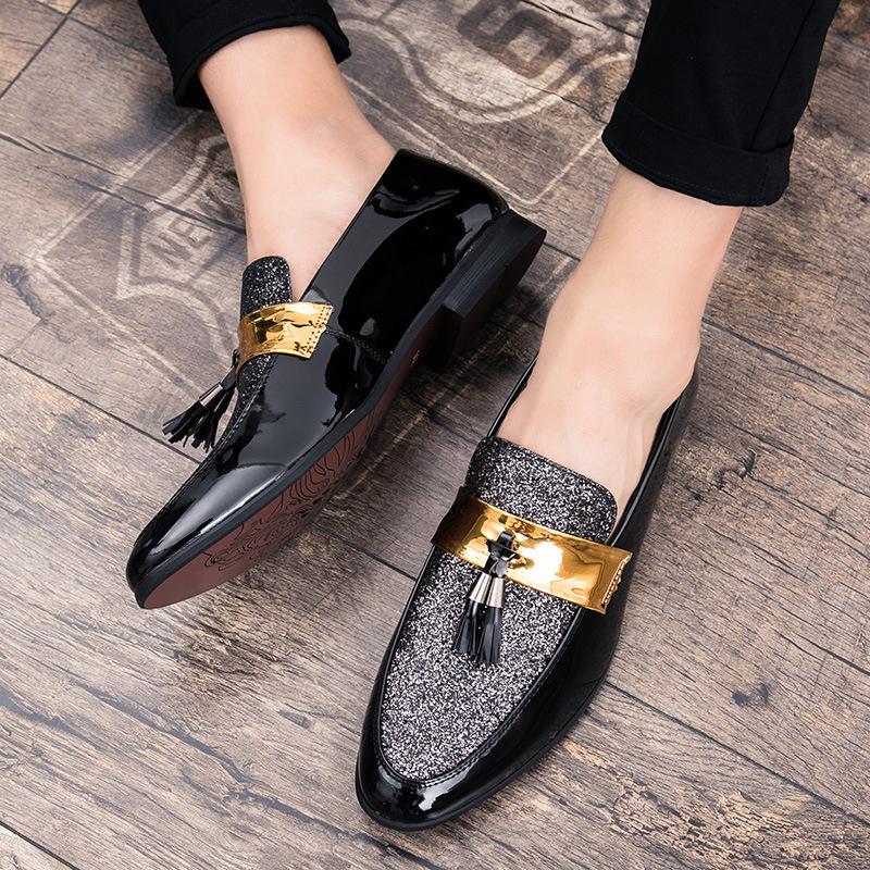 Large Size Leather Shoes for Men, One Pedal, Lazy Shoes, Pointed Loafers, Glossy Hairstylist Leather Shoes