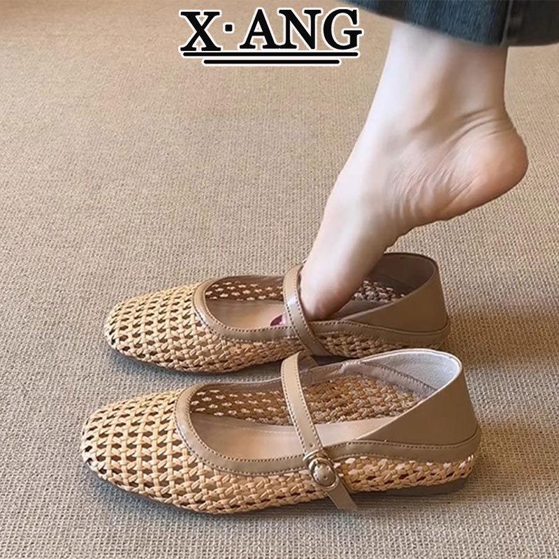 Sheepskin hand-woven Mary Jane shoes summer shallow mouth flat bottom single shoes hollow breathable hole shoes sandals women