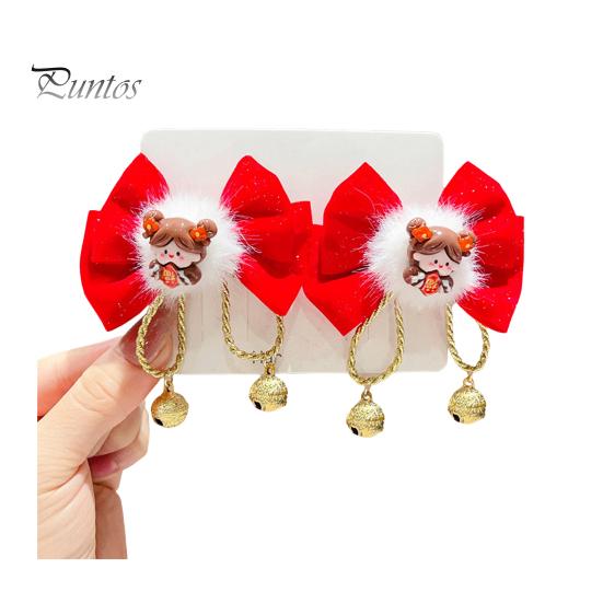 

1 пара красных заколок для волос с плюшевым декором в виде колокольчика и банта, заколки для волос в стиле осени и зимы в китайском новогоднем стиле C