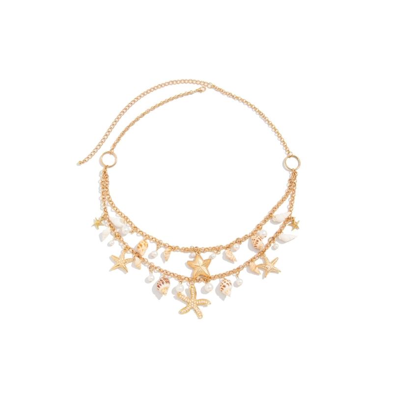 Gold Tone Waist Chain Fashionable Belly Chain with Sea Star and Faux Pearls Design for Ocean Charm Style