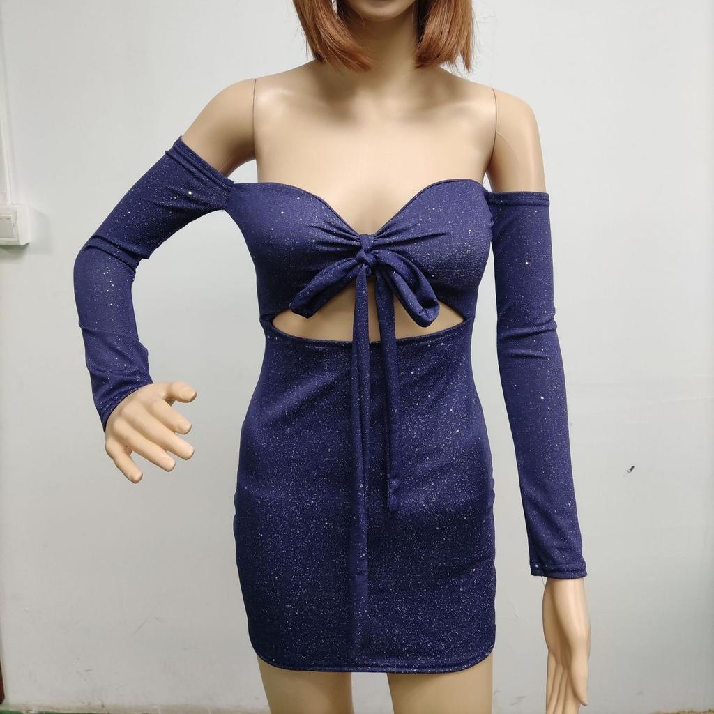 GMXIA Vestido sexy vazado com alça no peito e manga longa com glitter para primavera e verão