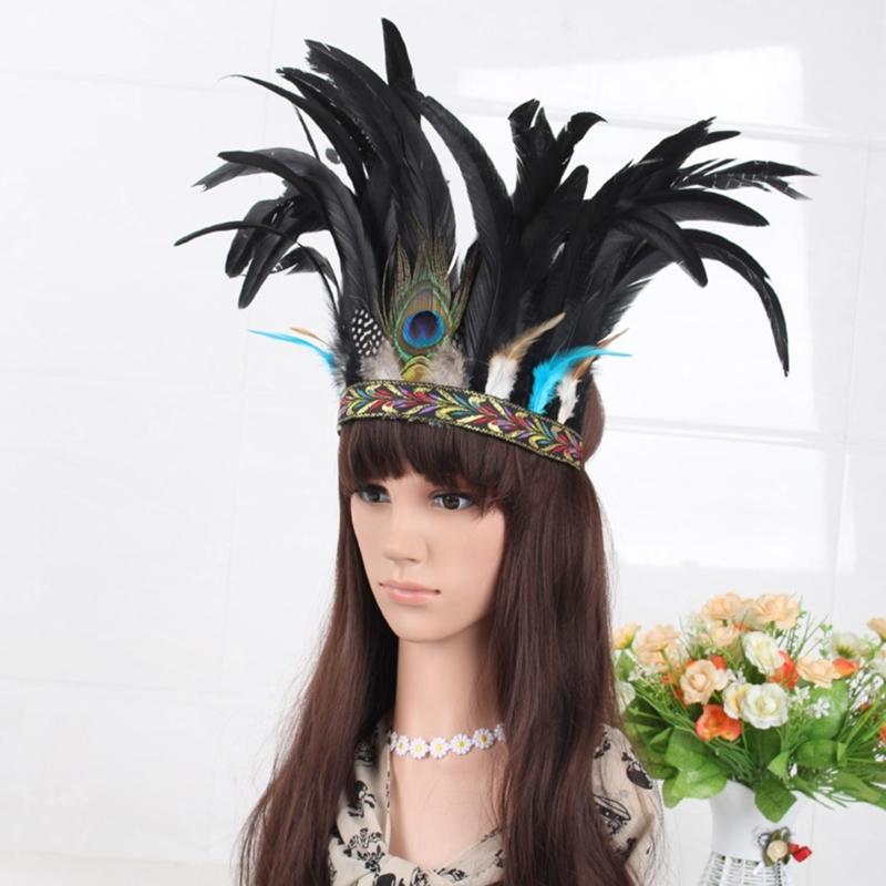 Ethnic Style Headband with Rhinestone&Feather Decors Unique Hair Hoop Women Bride Wedding Party Taking Photo Headband