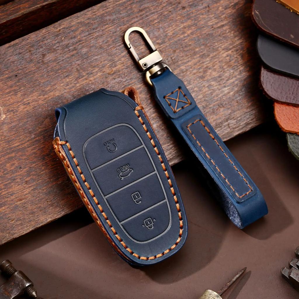 Leather Car Key Case Cover Fob Accessories for Hyundai Tucson Solaris Sonata Hybrid Nexo Nx4 Grand Santa Fe Keychain Holder Bag