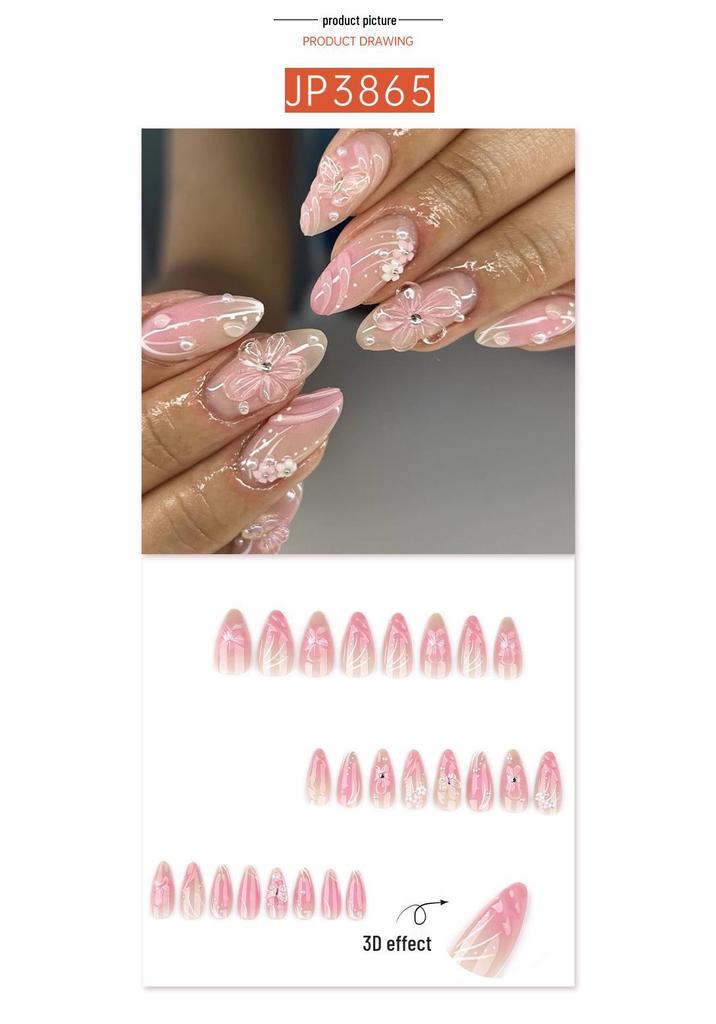 Cross-Border Blush Almond Shape Short Wearable 3D Flower Nail Art Tips