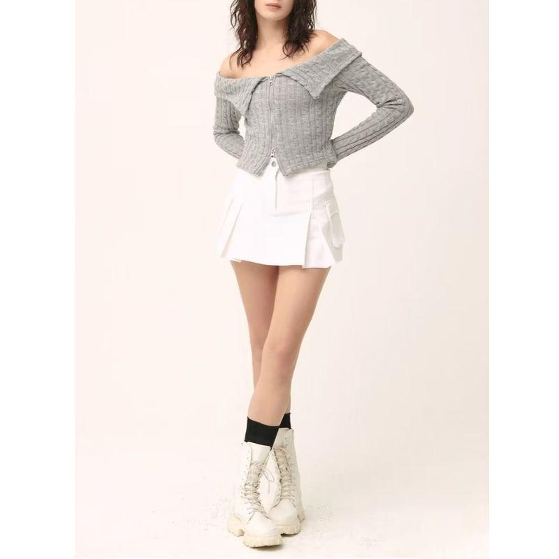 Cable Stitch Large Lapel off-Shoulder Double-Headed Zipper Knitwear
