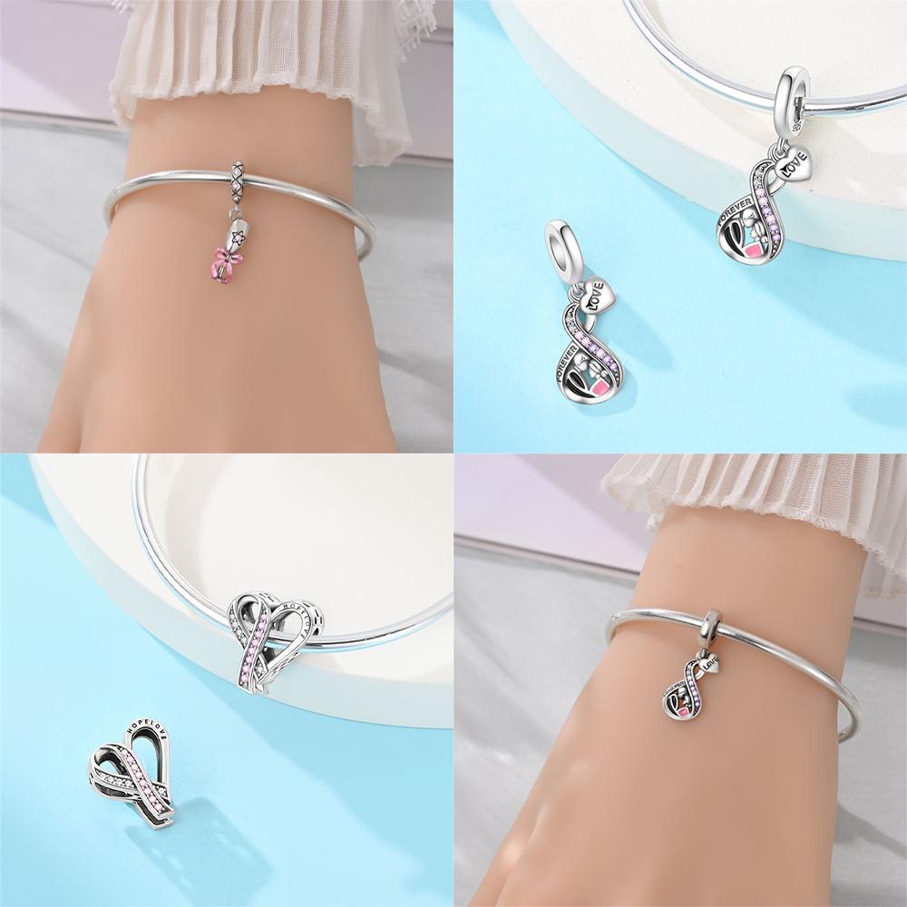 Original Copper Romantic Love Pendant Wings Pink Heart Butterfly Knot Beads Fit Bracelet Women Jewelry Diy Accessory Gift