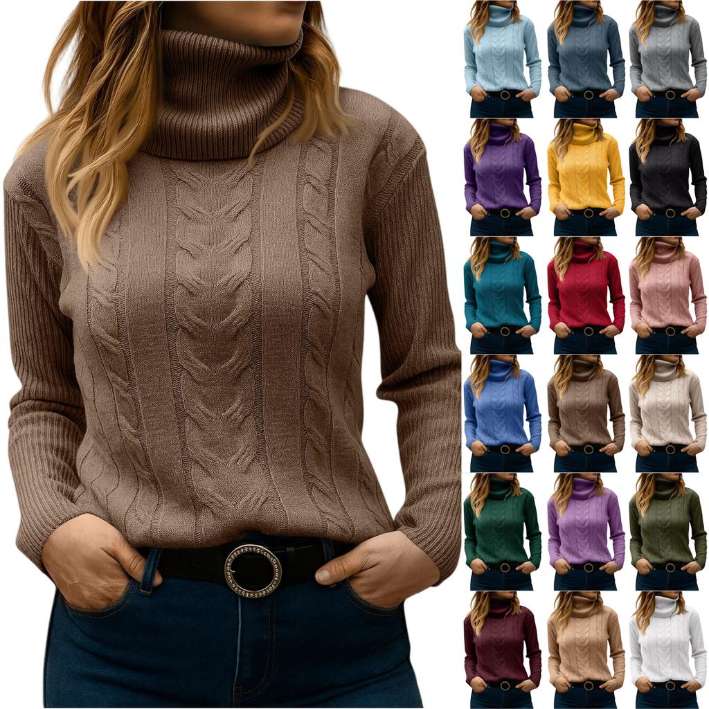 Women's Fashionable Solid Color High Neck Long Sleeved Sweater Pullover Sweater Top