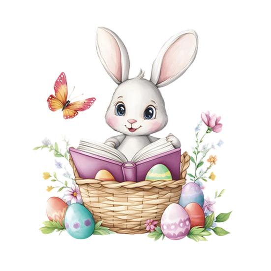 Easter Cute Rabbit Toilet Sticker Waterproof Toilet Seat Lid Decal Cartoon Bunny in Weave Basket Reading Toilet Seat Cover Sticker for Bathroom Home Sets