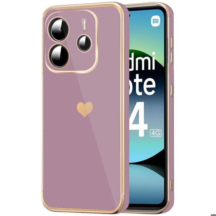 Coque - E.F.CONNECTION - Pour Xiaomi Redmi Note 14 4G - Silicone Antichoc - Souple - Violet avec Cœur Doré