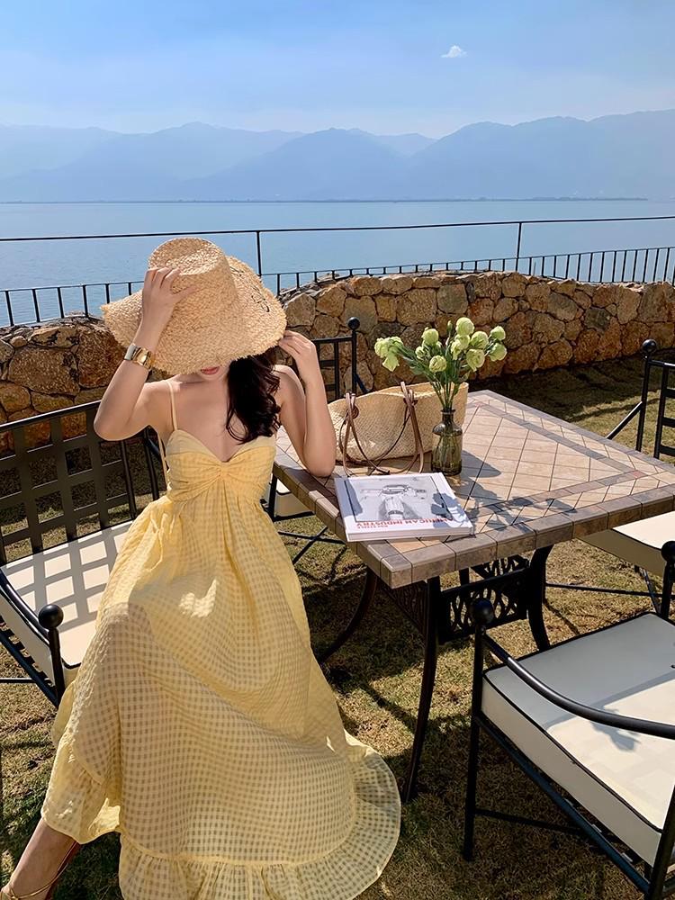2026 Summer Light Yellow Plaid Backless Halter Dress - Island Beach Resort Style