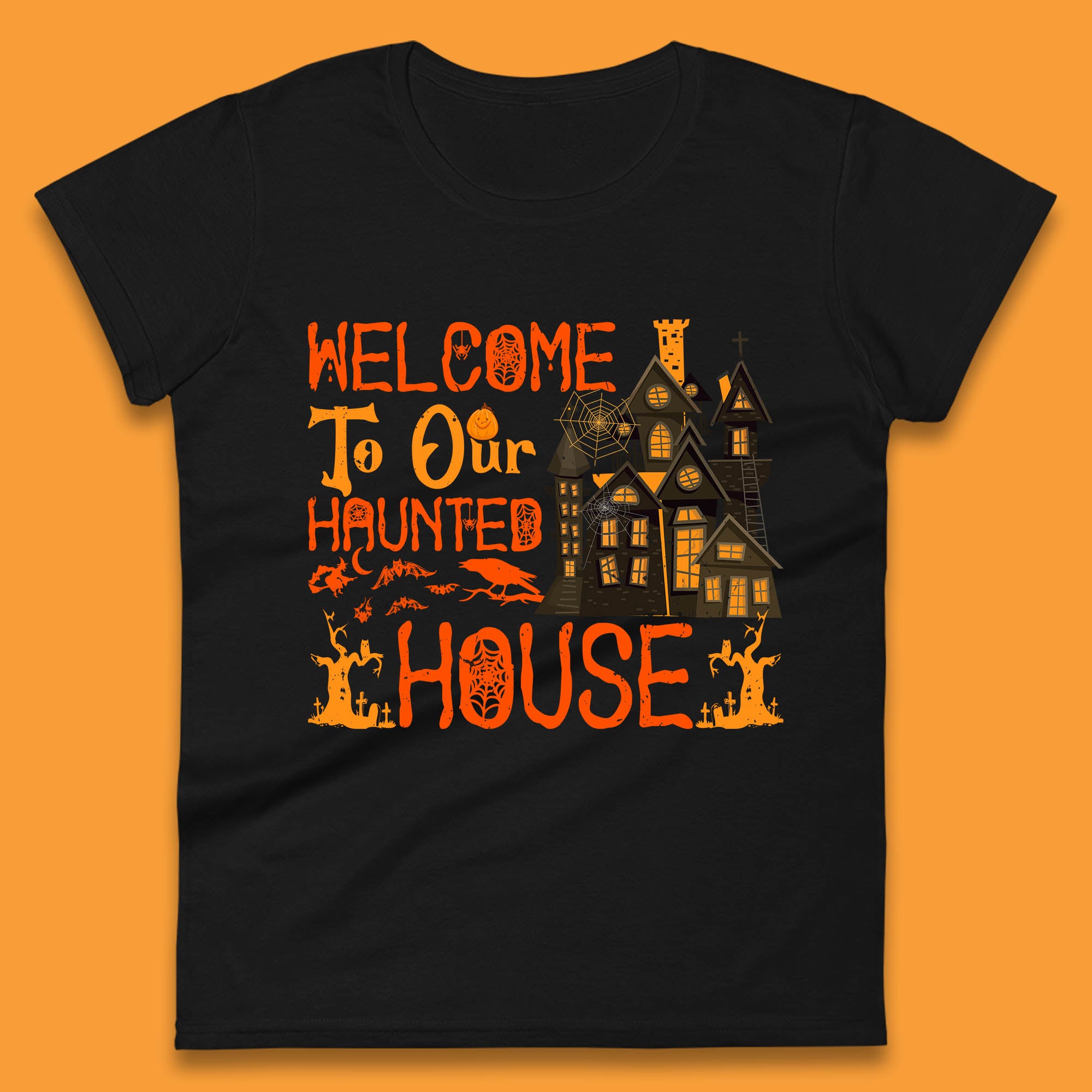 

Welcome To Our Haunted House Halloween Horror Scary Spooky House Womens Tee T Shirt Mens Tops Unisex Top M