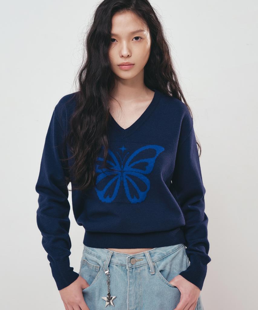 Nigaennikol Butterfly V Neck Jacquard Knit_Navy
