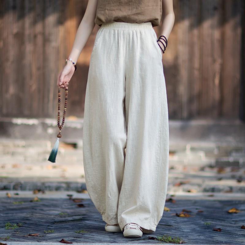 

Johnature Women Vintage Bloomers Pants Solid Color Elastic Waist Trousers Autumn Pockets Soft Loose Pants One Size бежевий