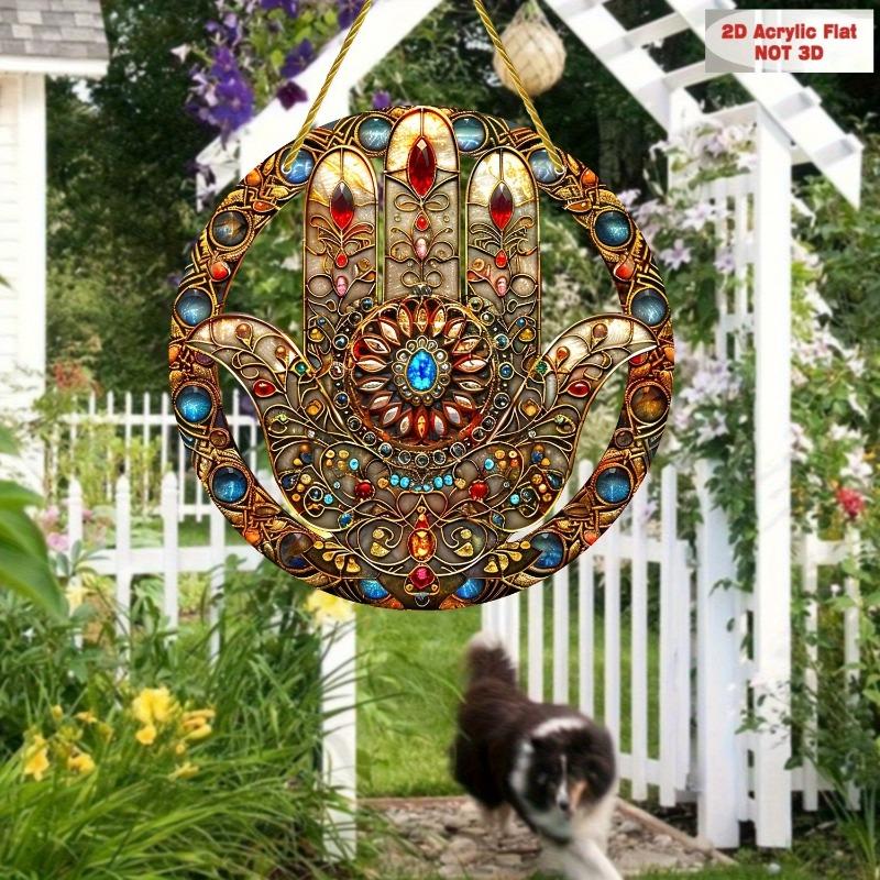 2D Flat Bohemian Acrylic Hamsa Hand Decoration Sign, Colorful Painted Effect, Home Decor Plaque Hanging Wall Art Decorative Garden Decoration for Room