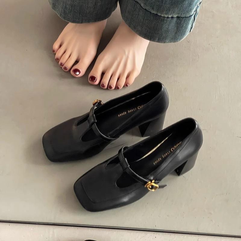 Retro fashion high heels women's square head Mary Jane shoes summer new shoes buckle thick heel light mouth middle heel shoes single shoes
