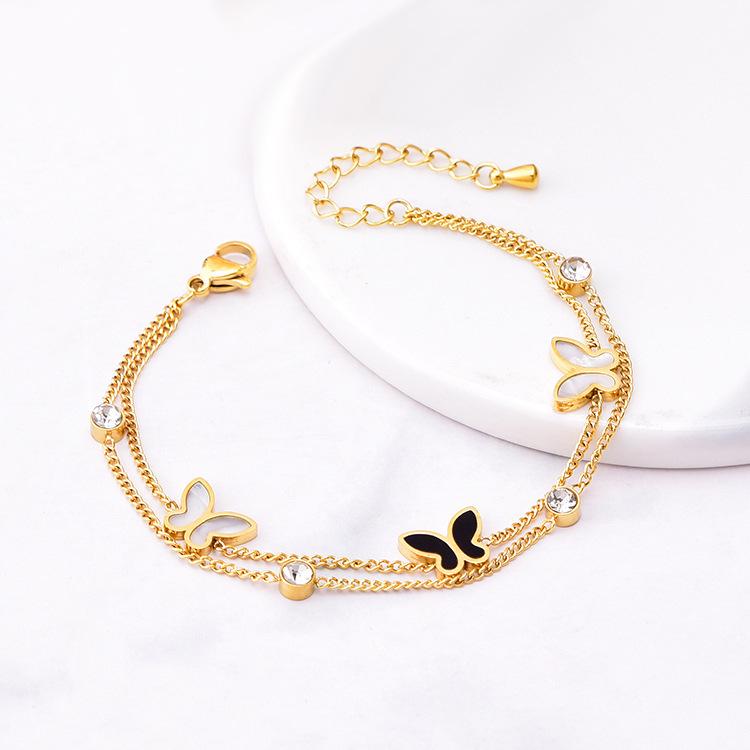 Exquisite Black & White Butterfly Double-Layer Titanium Steel Bracelet for Women: High-End, Versatile Hand Jewelry