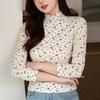 Woll- und Fleece-T-Shirt Damen Floral Herbst und Winter Neu Langarm-Oberteil Hoher Halsausschnitt Basis-Shirt