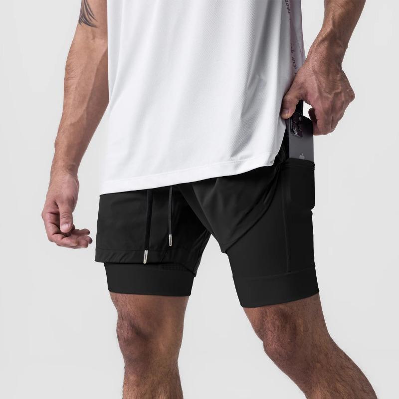 

Mens Black Drawstring Waist Double Layer Lined Quick Dry Running Athletic Shorts S