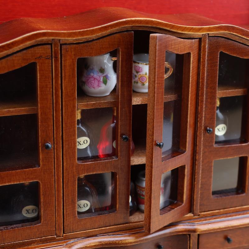 1/12 Miniature Wooden Handicrafts European Classic Miniature Cabinets Dollhouse Bedroom Furniture Set for DIY Decoration