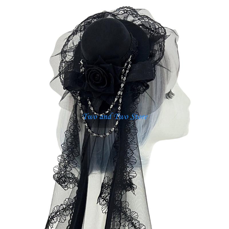 HX6F Creative Rose Flower Hairpin Top Hat Chain Headwear Gothic Sweet Halloween Party Gift Cosplay Costume Decoration