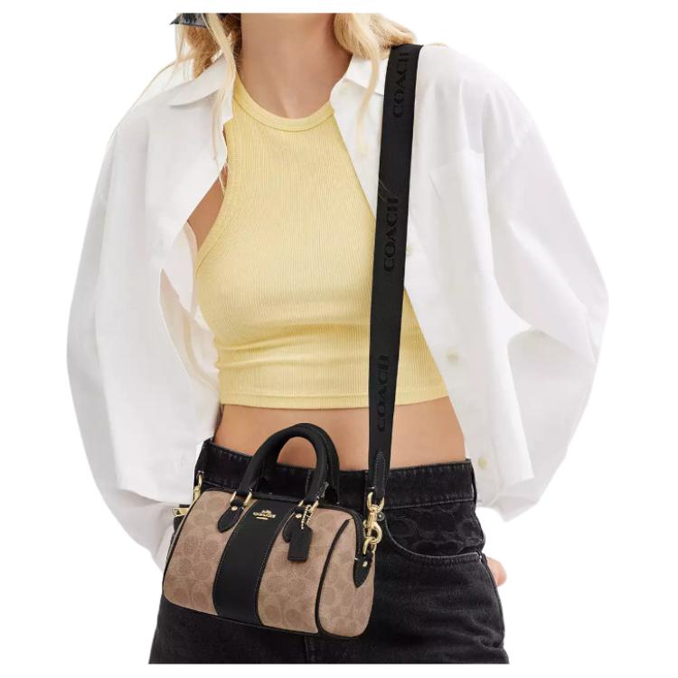 Coach Tan Signature Canvas Mini Boston Duffle Bag with Black Leather Trim & Gold Hardware for Daily Use