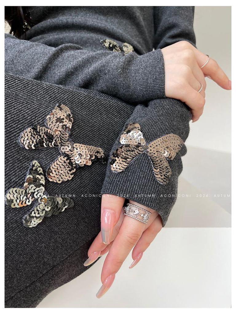 Butterfly Dream Woven Sequin Slim-Fit Mermaid Dress - Women's French Style Knit for Spring/Autumn