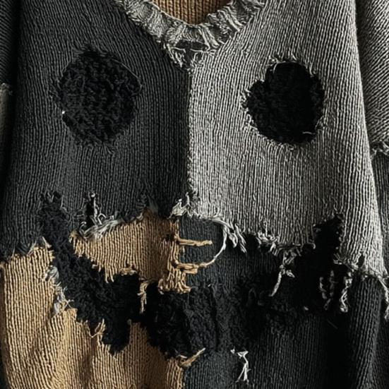 Dámský pulovr s grafickým potiskem s výstřihem do V, ležérní pletená mikina s dlouhým rukávem, nadměrná, s trhlinami, vintage, podzimní topy