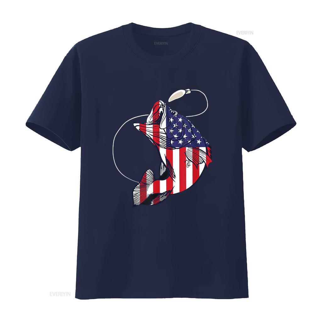 Bassfischen Fisch Amerikanische Flagge Patriotisch Vierter Juli Herren T-Shirt Weiß Vintage Gewaschen Dehnbar Oberteil Für Den Alltag