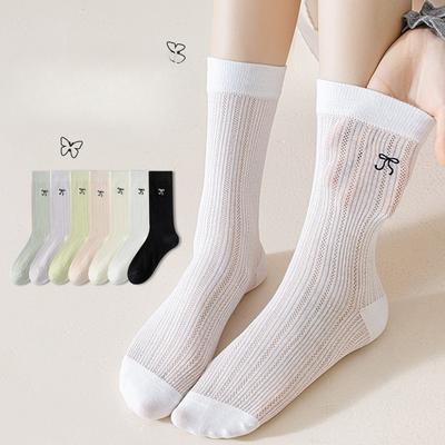 Summer Breathable Mesh Pure Cotton Socks for Women, Mid-calf Boneless, Simple Solid Color, Sweet Style, Bow Pile Socks