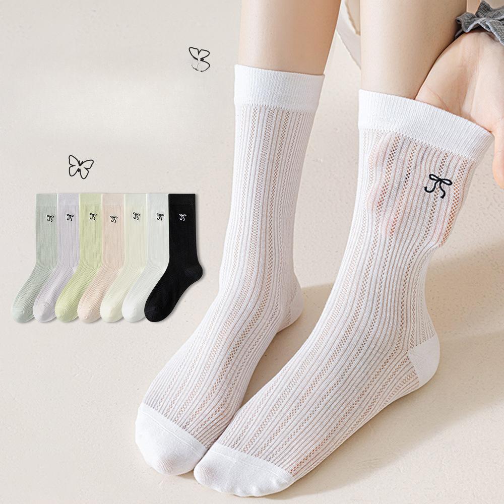 

Summer Breathable Mesh Pure Cotton Socks for Women, Mid-calf Boneless, Simple Solid Color, Sweet Style, Bow Pile Socks 1 pair світло-фіолетового кольору