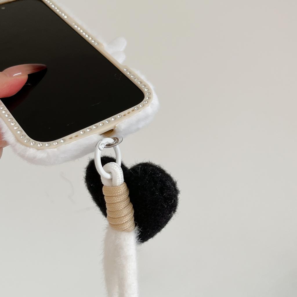 For iPhone 17 Pro Max Case Rhinestone Frame 3D Angel Heart Plush TPU PC Phone Cover with Heart Strap