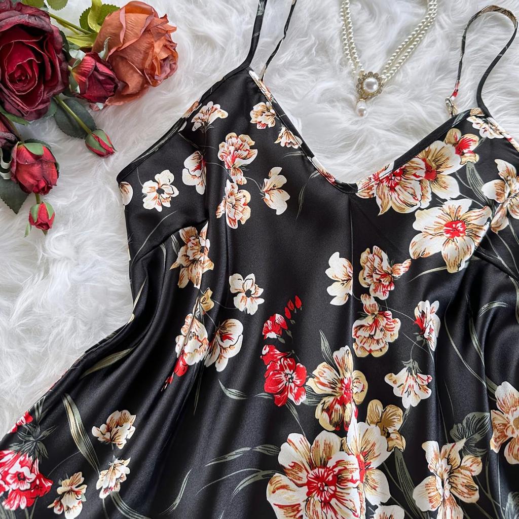 European & American Silk Print Women's Pajama Set: Camisole Dress & Long Pants