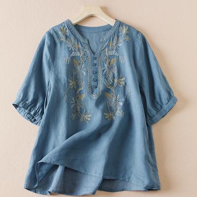 Summer Cotton Linen Embroidery Blouse Art Retro Loose Top Women