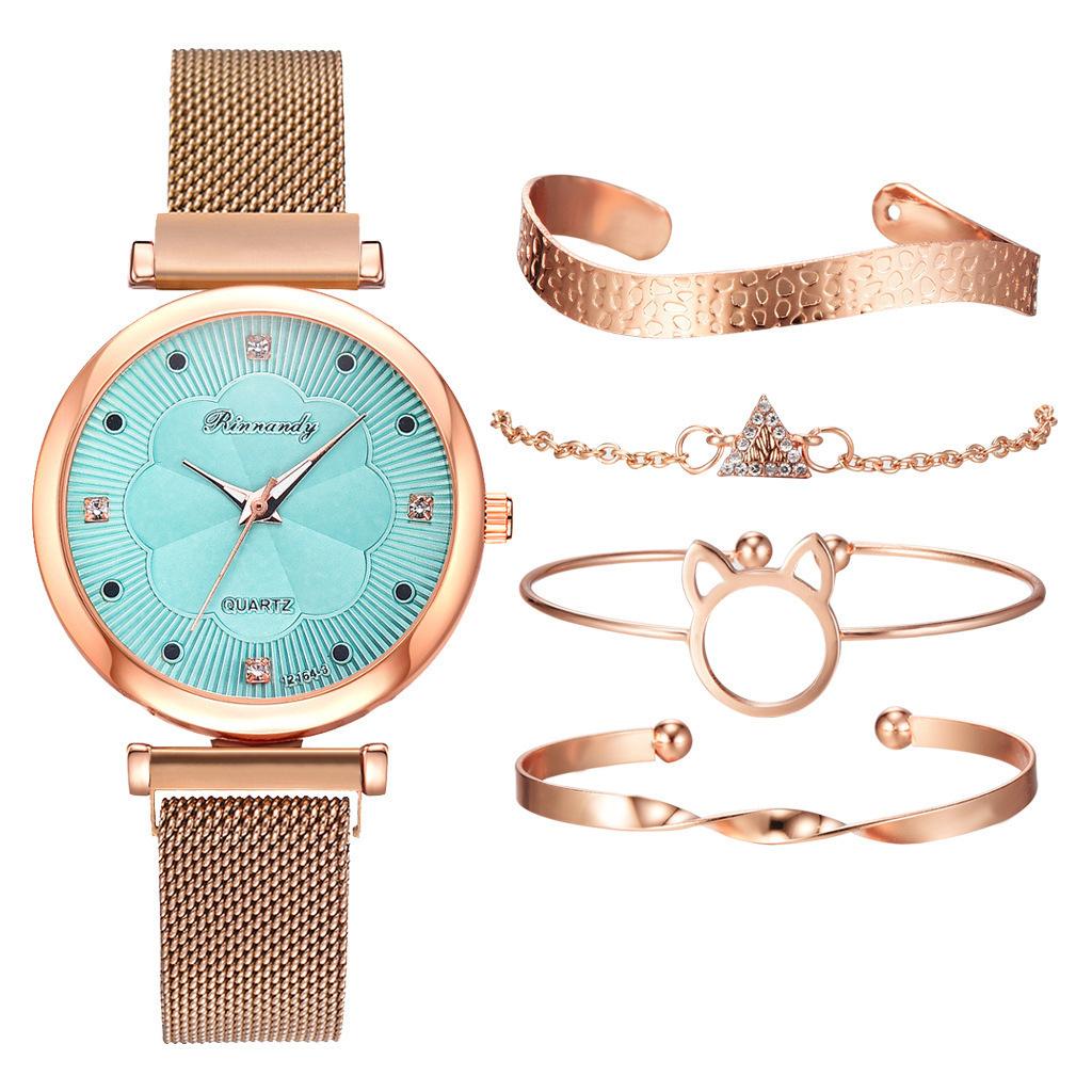 5Pcs/set Women's Simple Mesh Belt Magnet Quartz Watch + Bracelet Set Quartz Watch